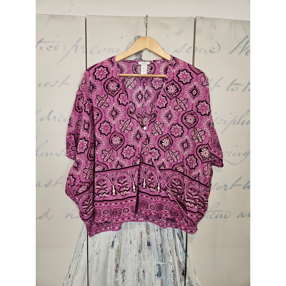Pure Jill Poncho Top S-L Purple Medallion Cotton V-Neck Boho Lagenlook Oversized